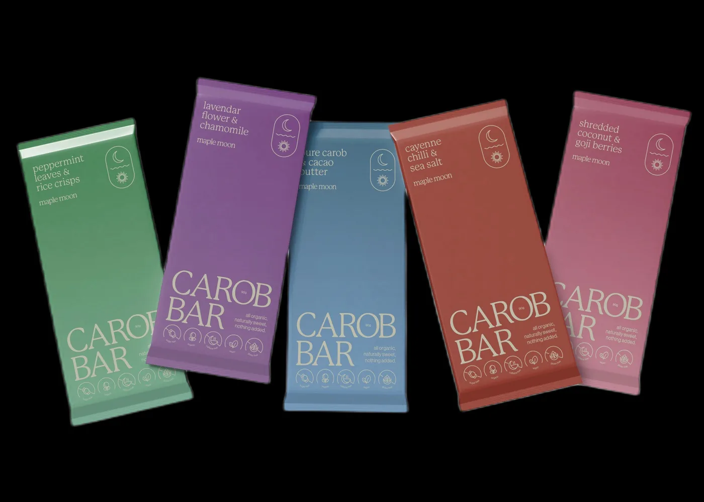 Carob Bar lineup · five flavours